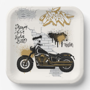 Assiette en papier couleur or et crème moto
