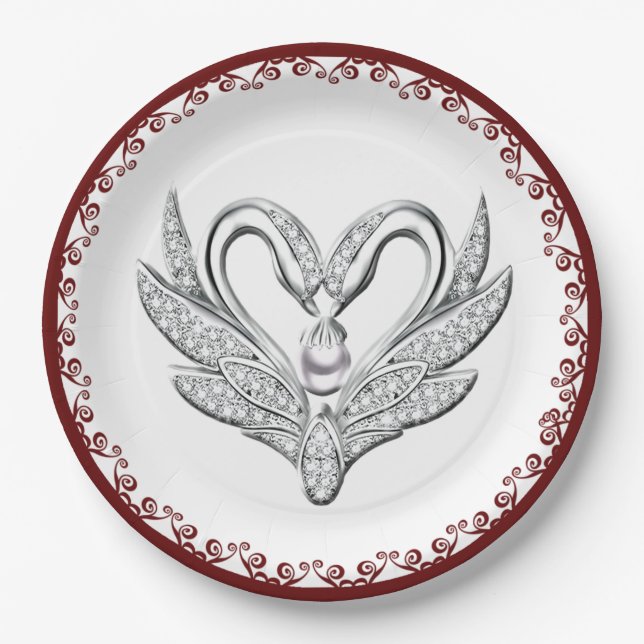 Assiette en papier Cygnes argentés Ruban rouge (Devant)