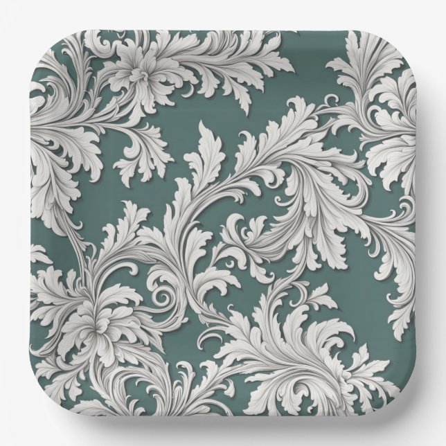 Assiette en papier Damask Design Aqau Noir & Blanc (Recto)