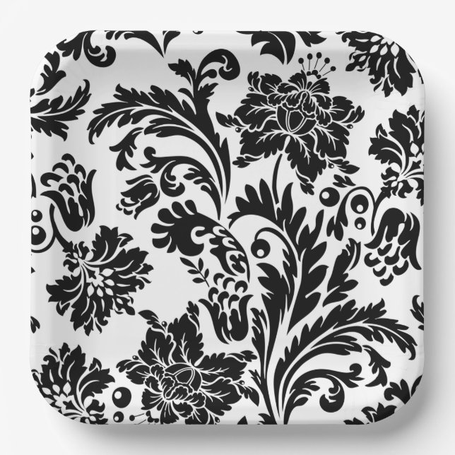 Assiette en papier damassé noir et blanc pour mari (Recto)