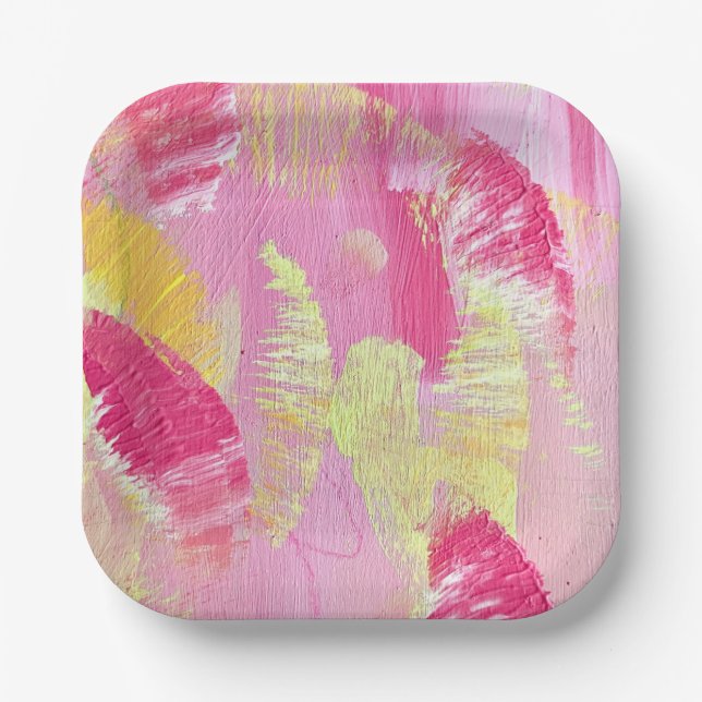 Assiette en papier d'art abstrait rose et jaune (Recto)