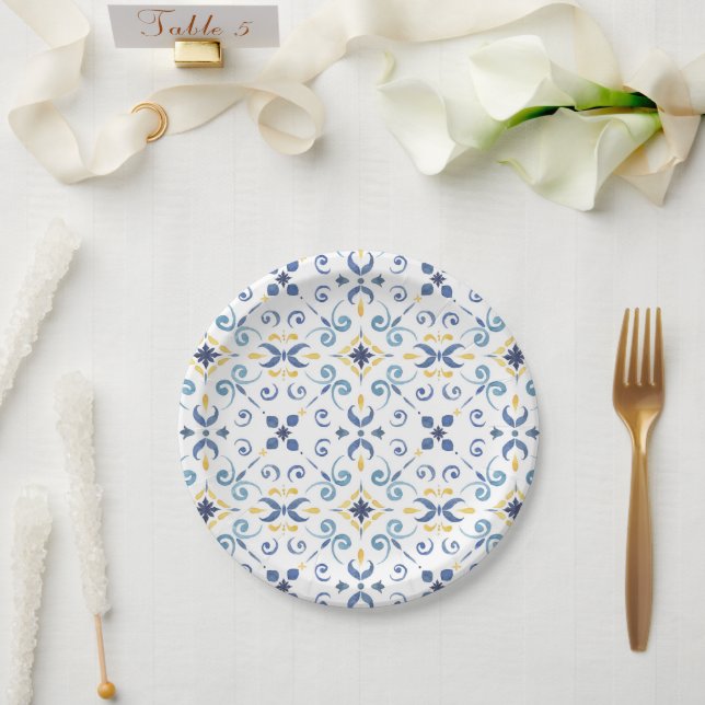 Assiette en papier de design méditerranéen de la c (Mariage)