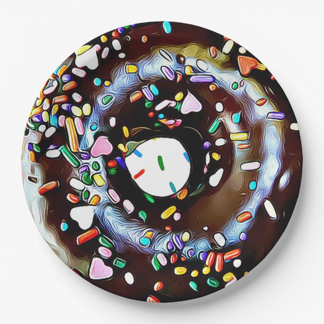 Assiette en papier de fête avec donut au chocolat  (Devant)