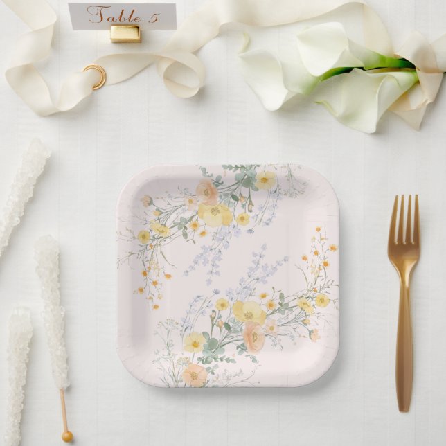 Assiette en papier de fête botanique Fleur sauvage (Mariage)