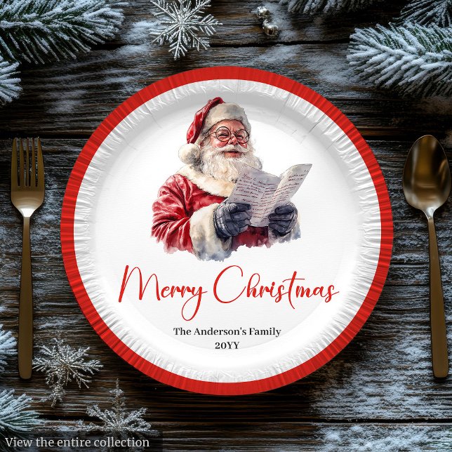 Assiette en papier de fête de Noël rouge et blanc  (Cozy Santa Claus Red White Holiday Paper Plate Design

)
