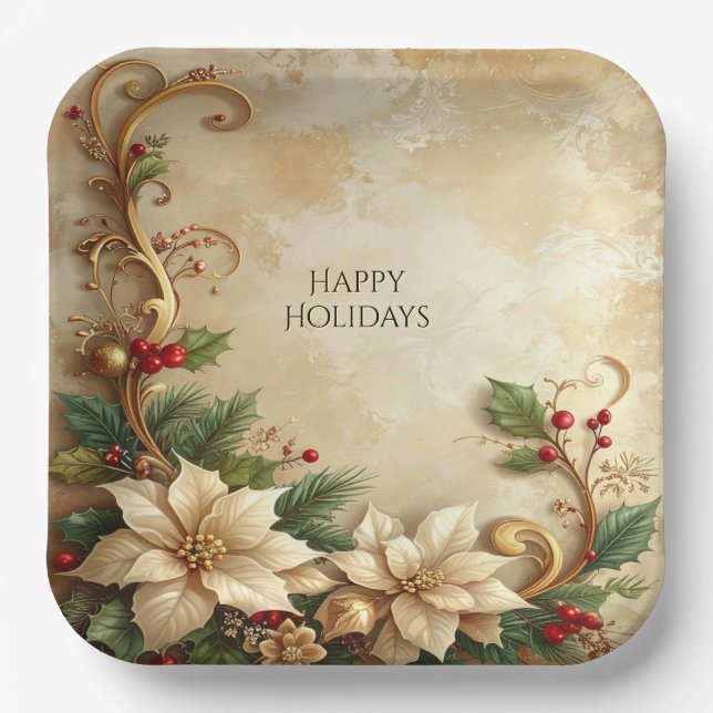 Assiette en papier de fête florale de Noël (Recto)