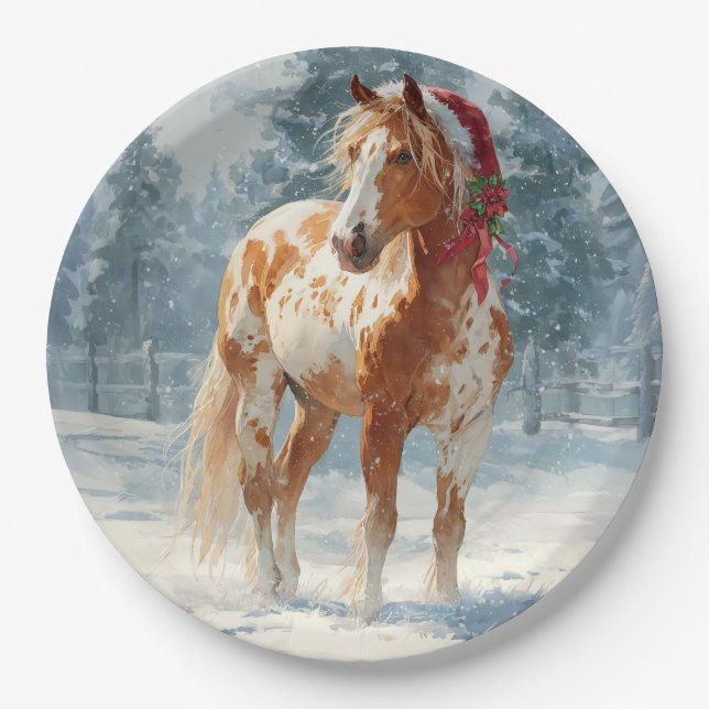 Assiette en papier de Noël / Beau cheval Appalossa (Devant)
