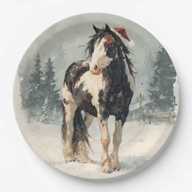 Assiette en papier de Noël / Beau cheval de peintu (Devant)