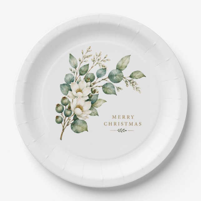 Assiette en papier de Noël élégante botanique euca (Devant)