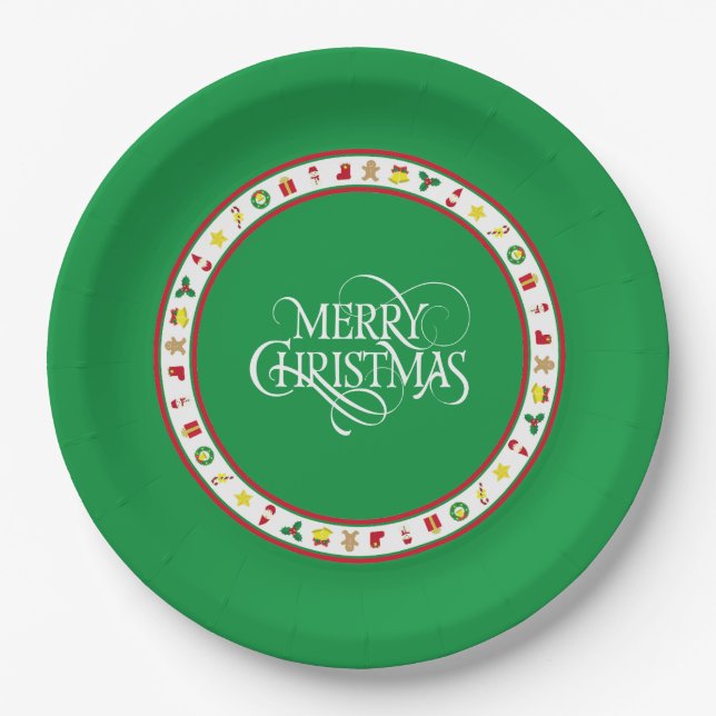 Assiette en papier de Noël verte iconique (Devant)