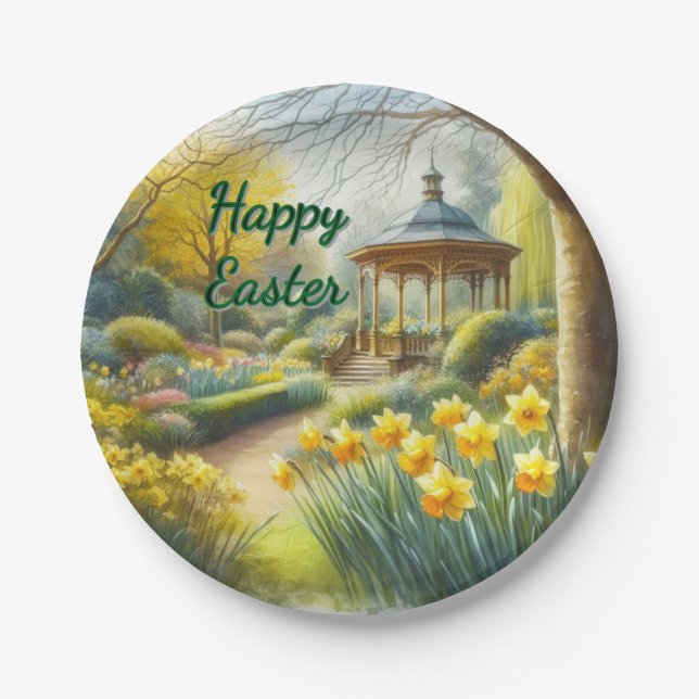 Assiette en papier de Pâques jonquilles jaune aqua (Devant)