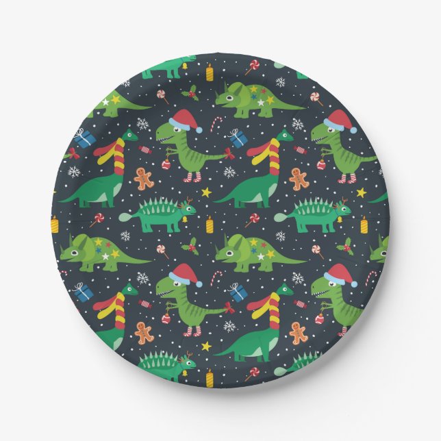 Assiette en papier dinosaure vacances de Noël (Devant)