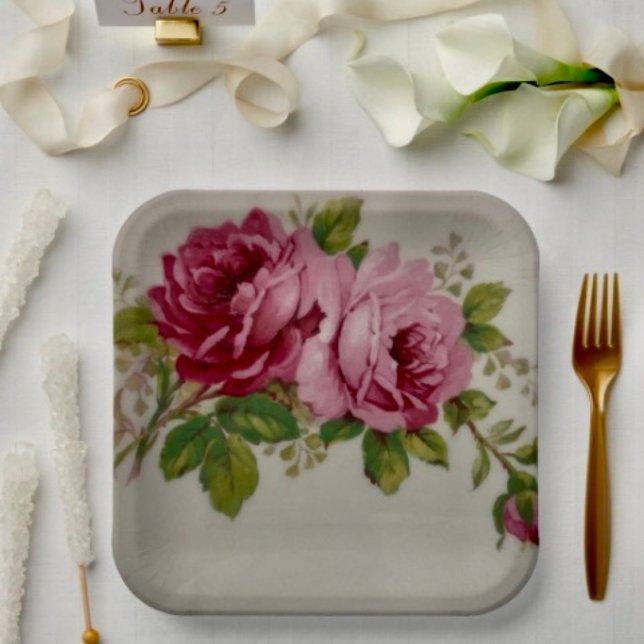 Assiette en papier Élégance Chou Rose Vintage ( Paper Plates Durable paper stock FDA compliant food safety. )