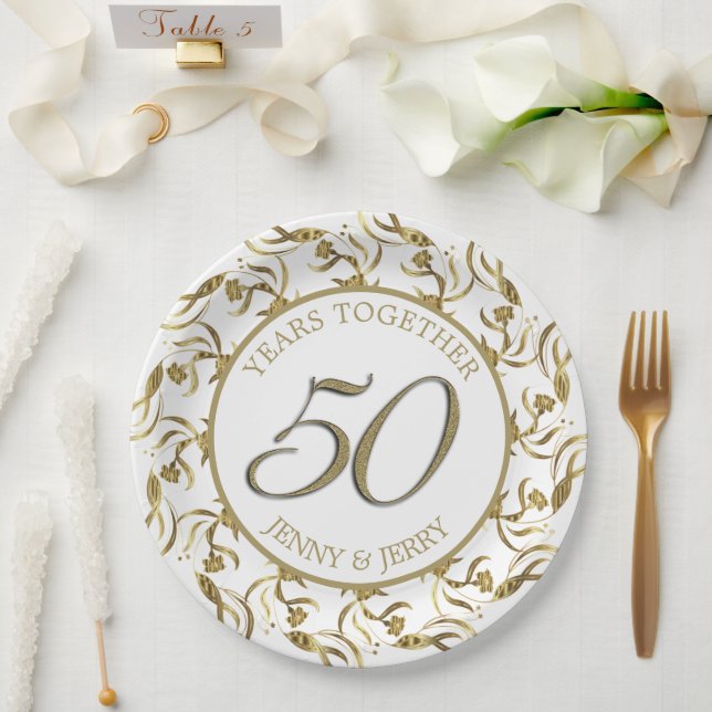 Assiette en papier élégante dorée et blanche pour  (Mariage)
