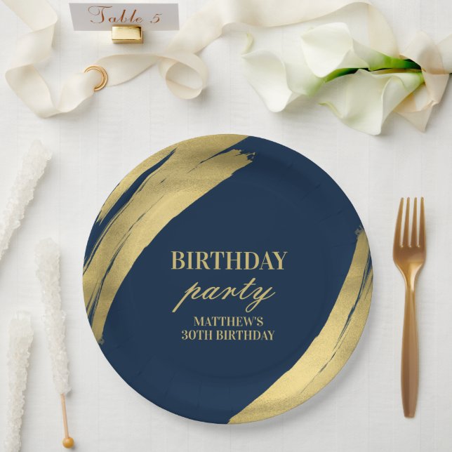 Assiette en papier élégante Navy avec feuille d'or (Mariage)