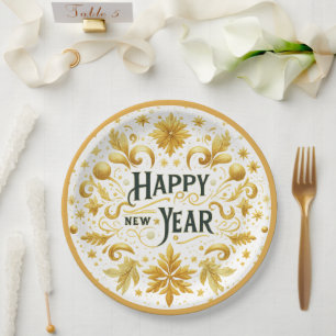 Assiette en papier élégante Or Bonne Année