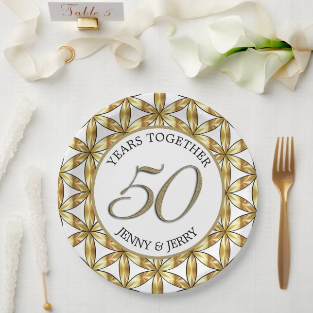Assiette en papier élégante Or et Blanc pour Anniv (Mariage)