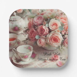 Assiette en papier élégante rose théière rose