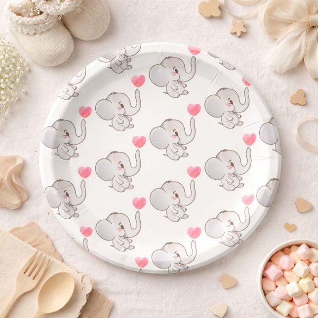 Assiette en papier éléphant bébé coeur rose (Créateur téléchargé)