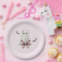 Assiette en papier fantôme Halloween Coquette rose