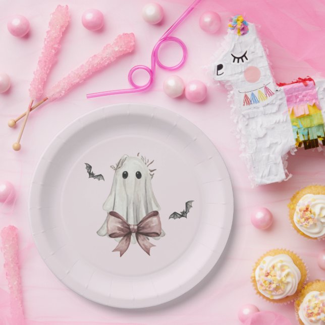 Assiette en papier fantôme Halloween Coquette rose (Fête)