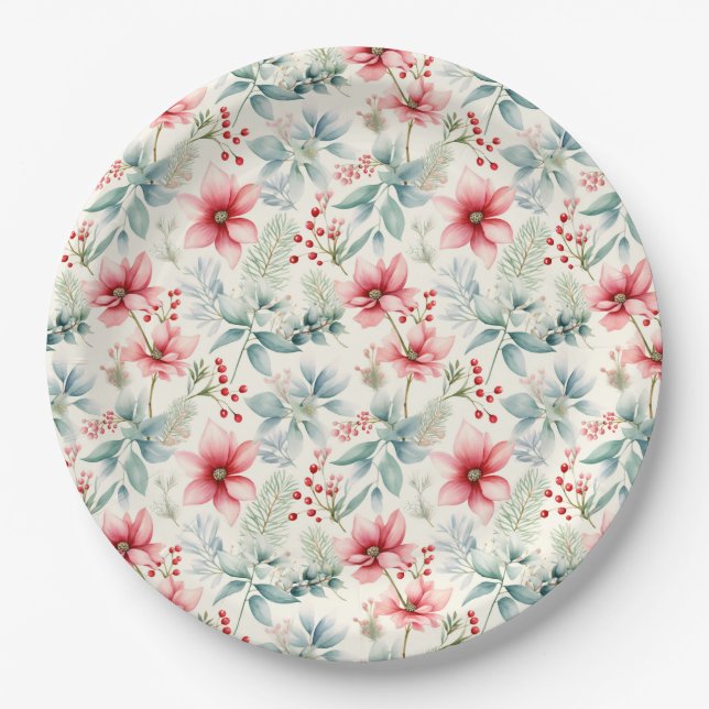 Assiette en papier férié floral rouge (Devant)