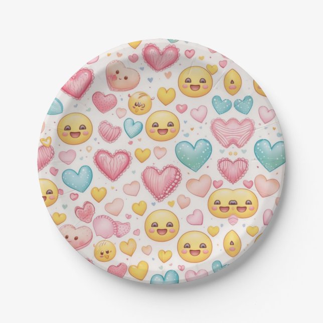 Assiette en Papier Fête de Coeurs Emoji (Devant)