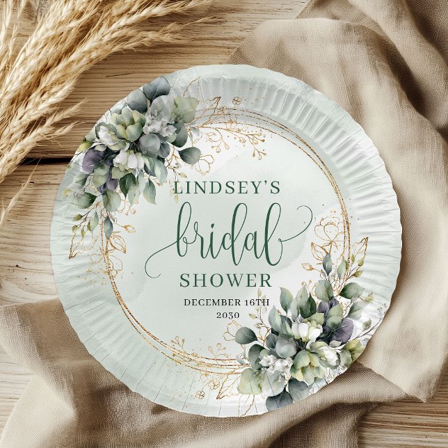 Assiette en papier Fête de mariage aquarelle Vert  (Greenery Gold Watercolor Bridal Shower Paper Plates)