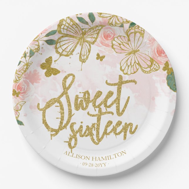 Assiette en papier Fête Sweet 16 Fleurs Papillon B (Devant)