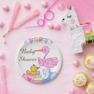 Assiette en papier Fille Stork Rose Baby Shower