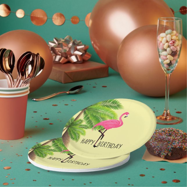 Assiette en papier Flamant Rose et Palmiers (Multi)