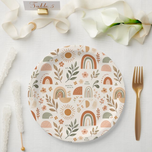 Assiette en papier Fleur de soleil arc-en-ciel Boh (Mariage)