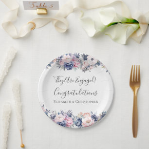 Assiette en papier Fleur Rose Bleu Marine pour la
