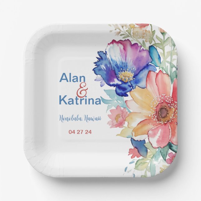 Assiette en Papier Fleur Sauvage Gras Bleu Rose Pê (Recto)