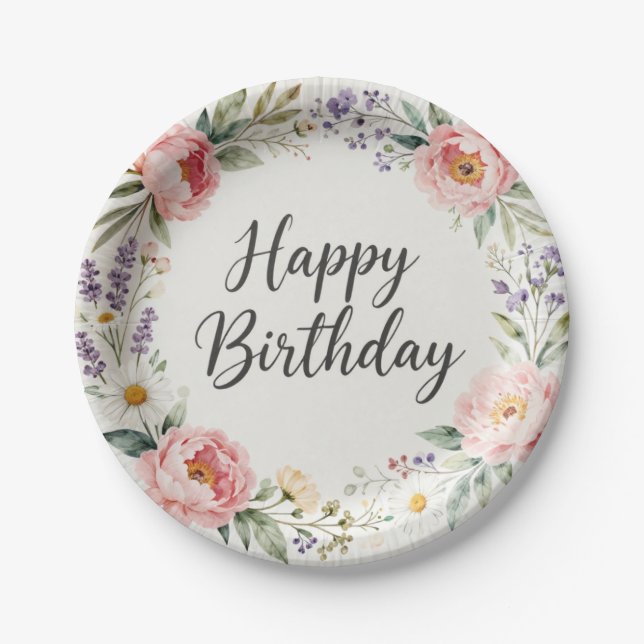 Assiette en papier Fleurie Joyeux Anniversaire | F (Devant)
