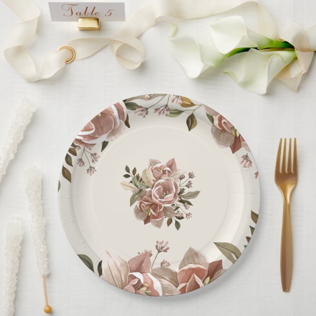 Assiette en Papier Fleurie Rose Poussiéreuse pour  (Mariage)