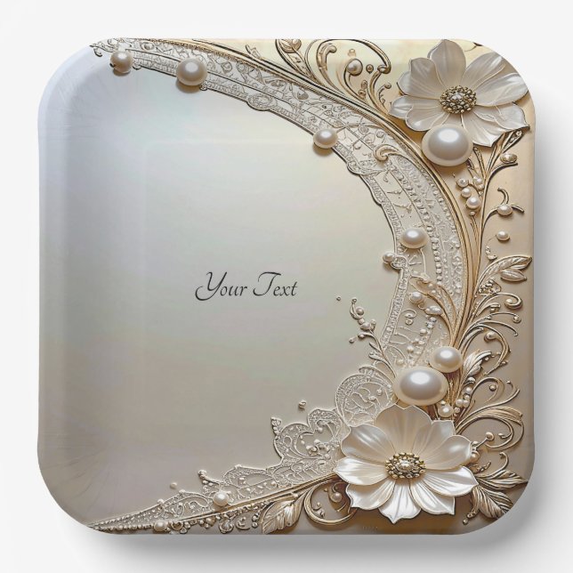 Assiette en papier Fleurs blanches modernes Perles (Recto)
