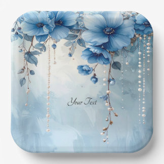 Assiette en papier Fleurs bleues et perles