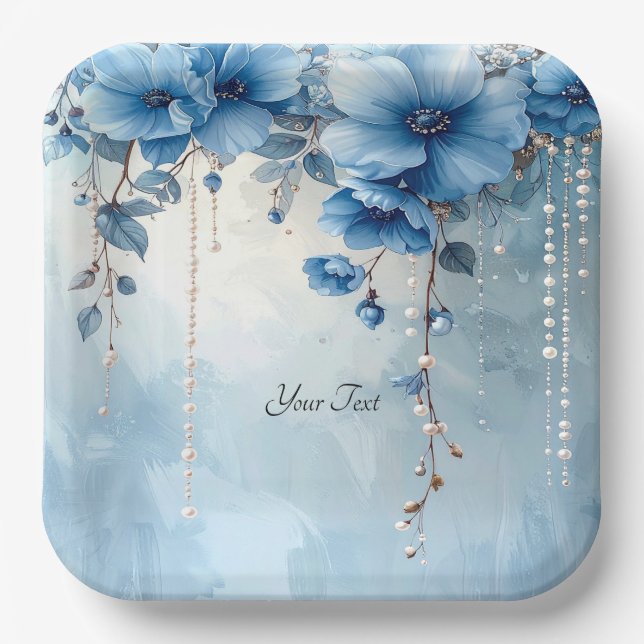 Assiette en papier Fleurs bleues et perles (Recto)