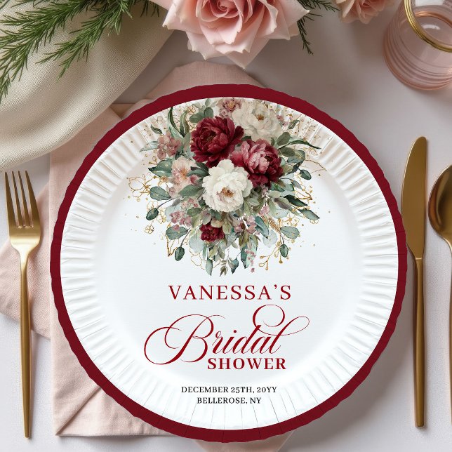 Assiette en Papier Fleurs de Bourgogne pour une Ma (Delicate Burgundy Floral Bridal Shower Paper Plates)