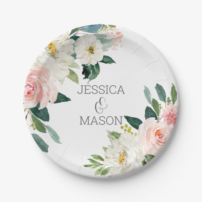 Assiette en papier Fleurs de monogramme de mariage (Devant)