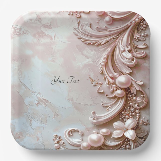 Assiette en papier fleurs et perle ornée rose (Recto)