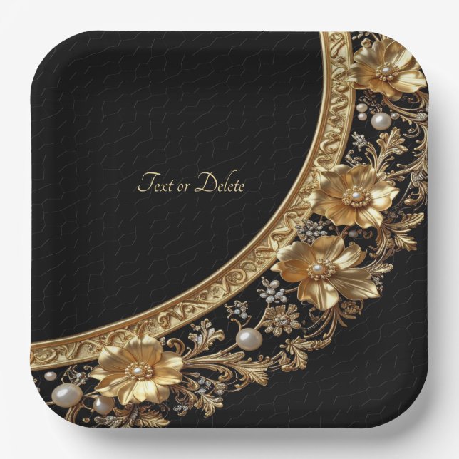 Assiette en papier Fleurs Ornementales Dorées (Recto)