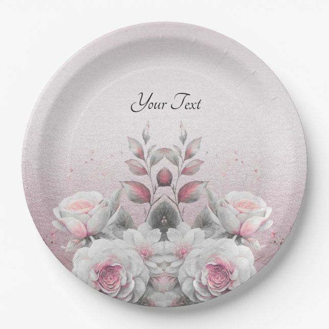 Assiette en papier fleurs rose blanc (Devant)