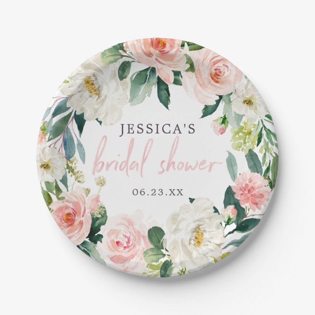 Assiette en papier Fleurs rose pâle pour mariage (Devant)