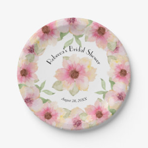 Assiette en papier Fleurs rose poudré aquarelle