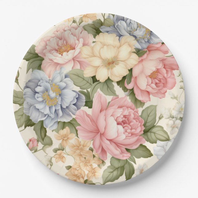 Assiette en papier Fleurs roses bleues jaunes (Devant)