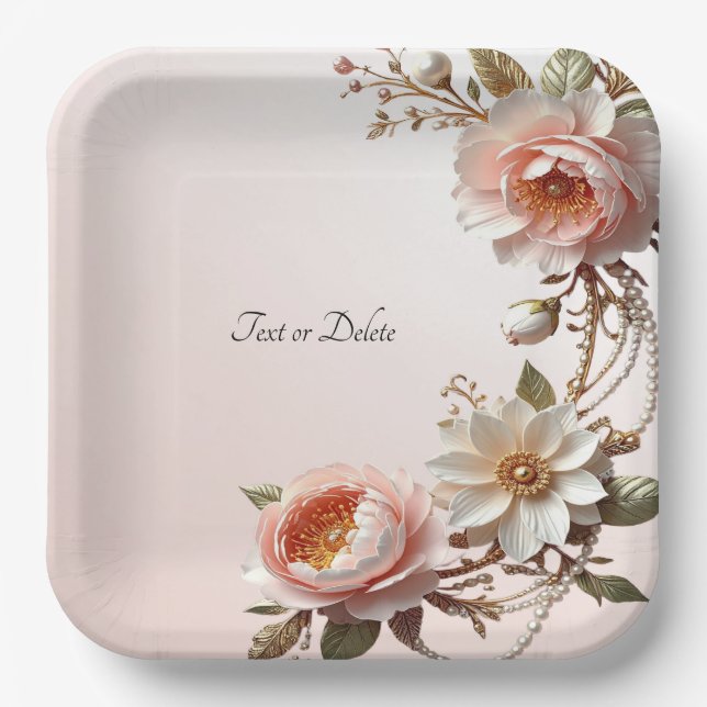 Assiette en papier Fleurs roses et blanches décora (Recto)
