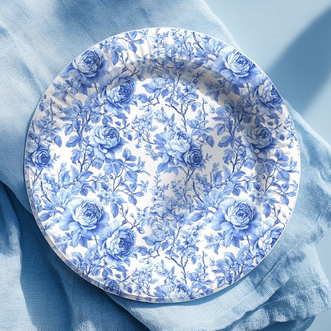 Assiette en papier fleurs roses Toile de Jouy bleu (Antique Blue French Toile Roses Floral Paper Plates)