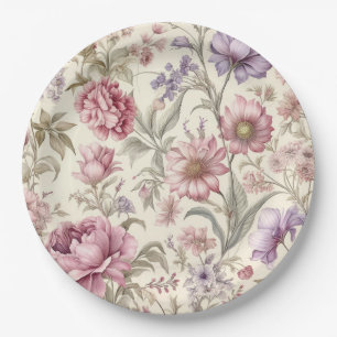 Assiette en papier fleurs roses violettes vintage